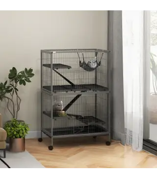 Jaula para Animales Pequeños con Ruedas Rampas Hamaca y Bandeja Extraíble para Chinchillas Hurones 80x52x128 cm Gris