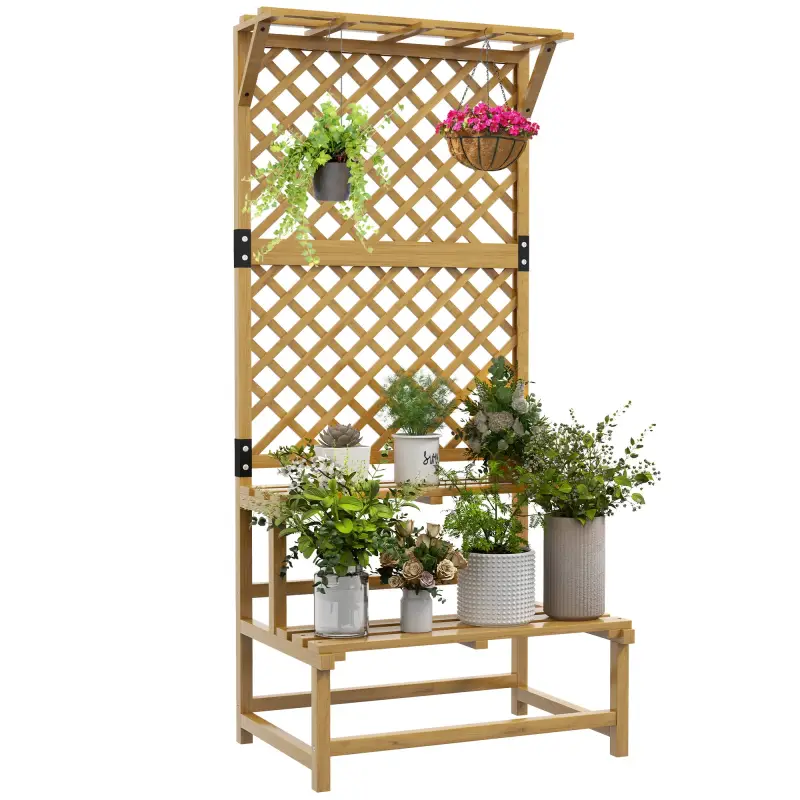 Soporte para Plantas de 2 Niveles con Celosía Enrejado con 2 Estantes de Madera para Jardín Terraza 75x50x166 cm Natural