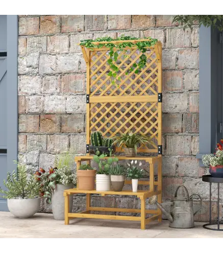 Soporte para Plantas de 2 Niveles con Celosía Enrejado con 2 Estantes de Madera para Jardín Terraza 75x50x166 cm Natural