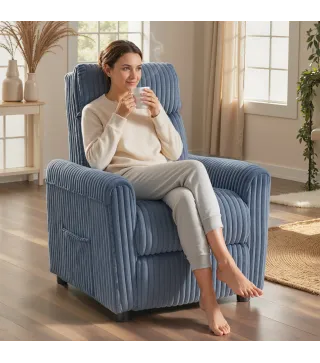 Sillón Relax Reclinable Manual Tapizado en Pana Instalación Rápida Reposapiés Acolchado Grueso Azul Oscuro