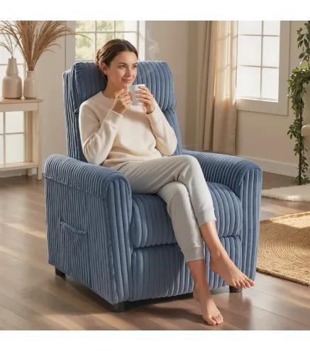 Sillón Relax Reclinable Manual Tapizado en Pana Instalación Rápida Reposapiés Acolchado Grueso Azul Oscuro