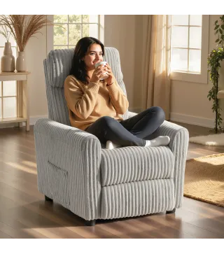 Sillón Relax Reclinable Manual Tapizado en Pana Instalación Rápida Reposapiés Acolchado Grueso Gris Claro