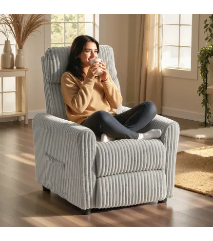 Sillón Relax Reclinable Manual Tapizado en Pana Instalación Rápida Reposapiés Acolchado Grueso Gris Claro