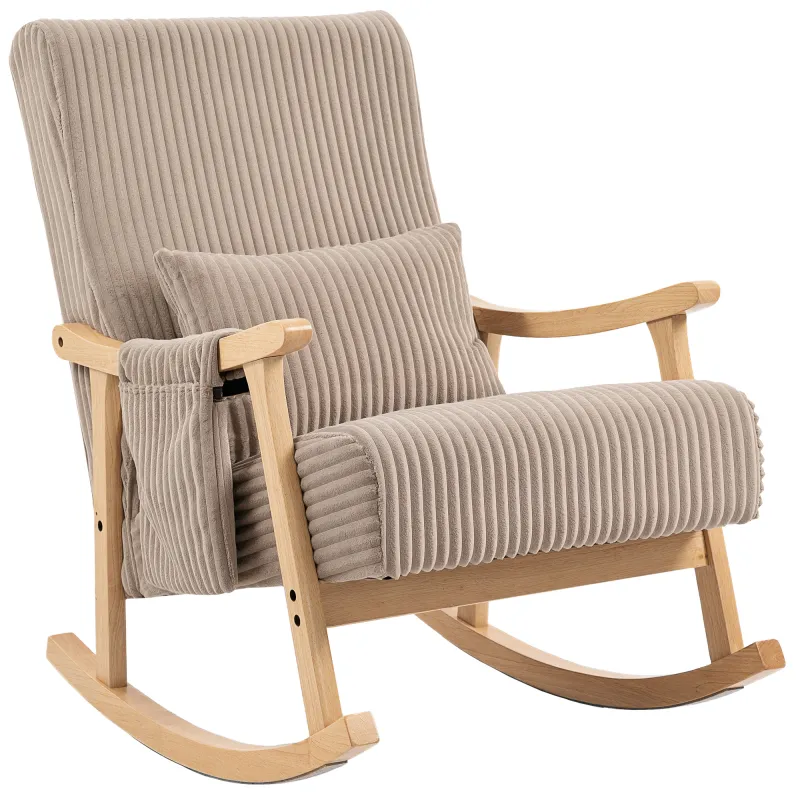 Silla Mecedora de Pana con Cojín Lumbar Patas y Reposabrazos de Madera de Caucho Bolsillo Estilo Moderno Marrón Claro