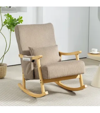 Silla Mecedora de Pana con Cojín Lumbar Patas y Reposabrazos de Madera de Caucho Bolsillo Estilo Moderno Marrón Claro