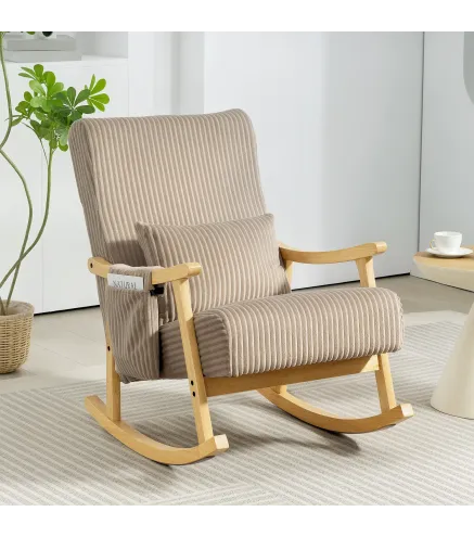 Silla Mecedora de Pana con Cojín Lumbar Patas y Reposabrazos de Madera de Caucho Bolsillo Estilo Moderno Marrón Claro