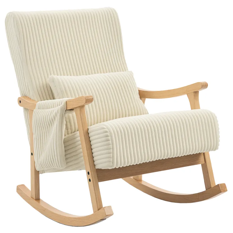 Silla Mecedora de Pana con Cojín Lumbar Patas y Reposabrazos de Madera de Caucho Bolsillo Estilo Moderno Beige