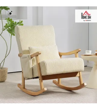 Silla Mecedora de Pana con Cojín Lumbar Patas y Reposabrazos de Madera de Caucho Bolsillo Estilo Moderno Beige