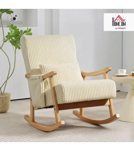Silla Mecedora de Pana con Cojín Lumbar Patas y Reposabrazos de Madera de Caucho Bolsillo Estilo Moderno Beige
