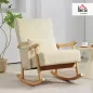 Silla Mecedora de Pana con Cojín Lumbar Patas y Reposabrazos de Madera de Caucho Bolsillo Estilo Moderno Beige