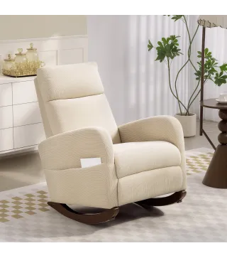Silla Mecedora de Pana con Respaldo Alto Patas de Madera de Caucho Bolsillos Reposabrazos Estilo Moderno Beige