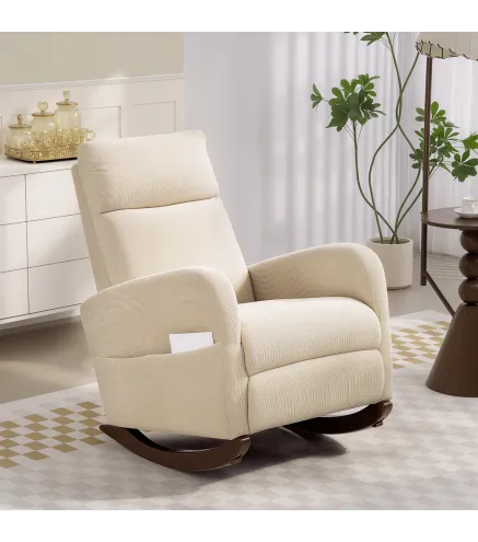 Silla Mecedora de Pana con Respaldo Alto Patas de Madera de Caucho Bolsillos Reposabrazos Estilo Moderno Beige