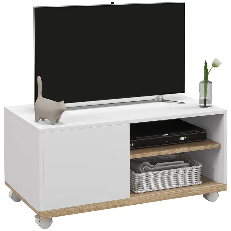 Mueble TV con Ruedas Mueble de Salón Mesa para Televisores de 42" con Puerta y 2 Estantes 80x45x39,5 cm Blanco