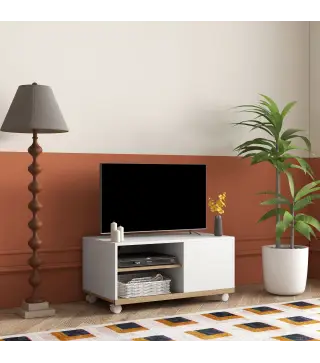 Mueble TV con Ruedas Mueble de Salón Mesa para Televisores de 42" con Puerta y 2 Estantes 80x45x39,5 cm Blanco