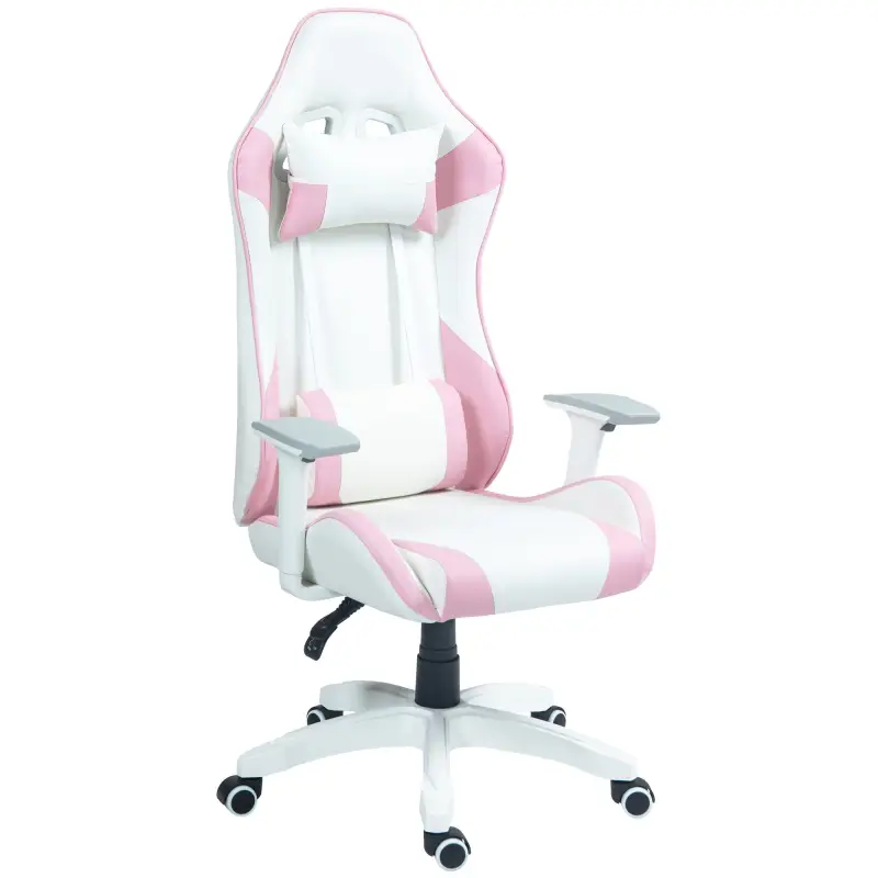 Silla Gamer con Cojín Lumbar Reposabrazos Ajustable Reposacabezas Extraíble y Altura Ajustable 67x60x120-128 cm Rosa