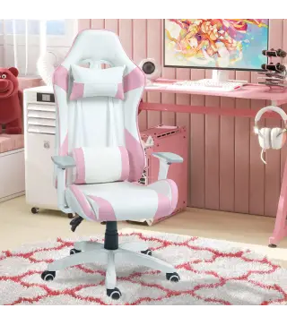 Silla Gamer con Cojín Lumbar Reposabrazos Ajustable Reposacabezas Extraíble y Altura Ajustable 67x60x120-128 cm Rosa