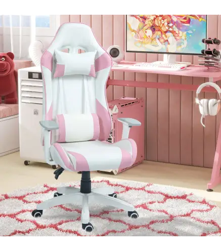 Silla Gamer con Cojín Lumbar Reposabrazos Ajustable Reposacabezas Extraíble y Altura Ajustable 67x60x120-128 cm Rosa