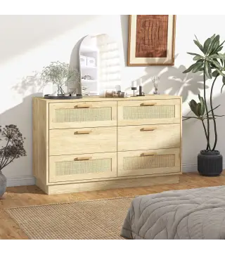 Cómoda de Madera con 6 Cajones de Rejilla de Ratán Estilo Bohemio Mueble Cajonera para Salón Oficina 110x40x69 cm Roble