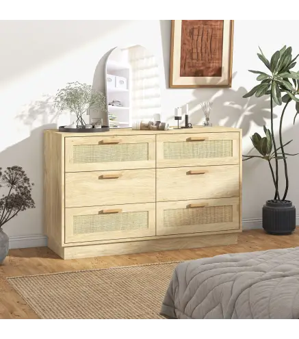 Cómoda de Madera con 6 Cajones de Rejilla de Ratán Estilo Bohemio Mueble Cajonera para Salón Oficina 110x40x69 cm Roble