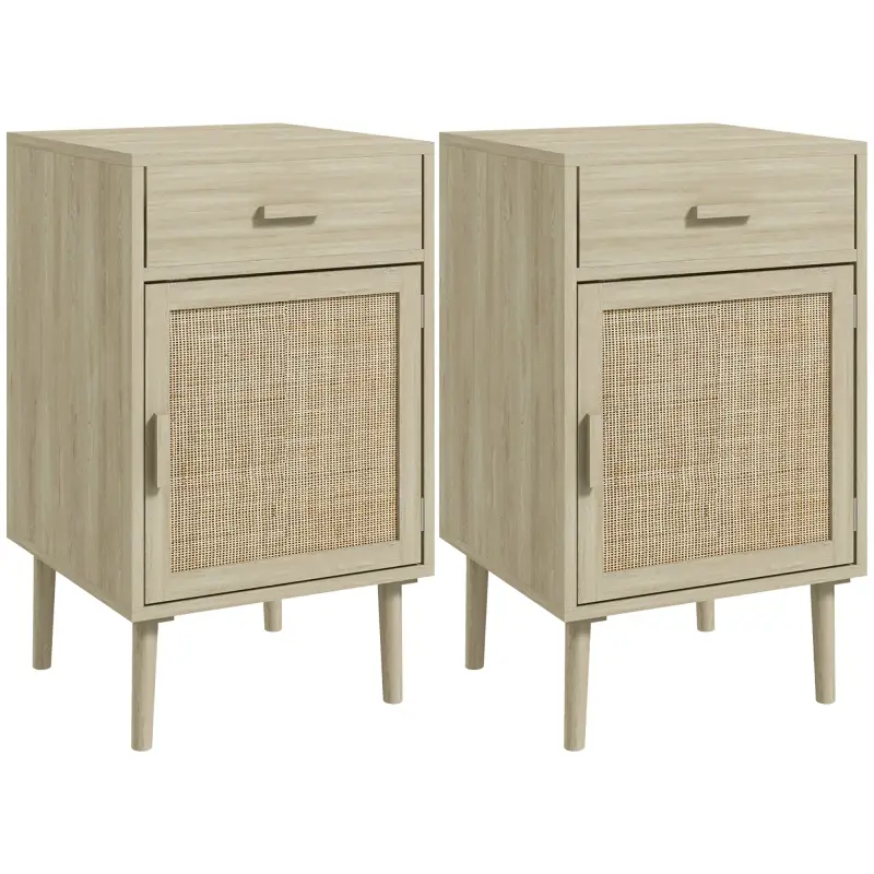 Juego de 2 Mesitas de Noche Mesillas de Noche con Cajón de Ratán y Estante Ajustable 40x40x68,5 cm Roble