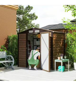 Caseta de Jardín 190x131x188 cm Cobertizo Metálico para Herramientas con 2 Ventilaciones y Puerta para Terraza Roble