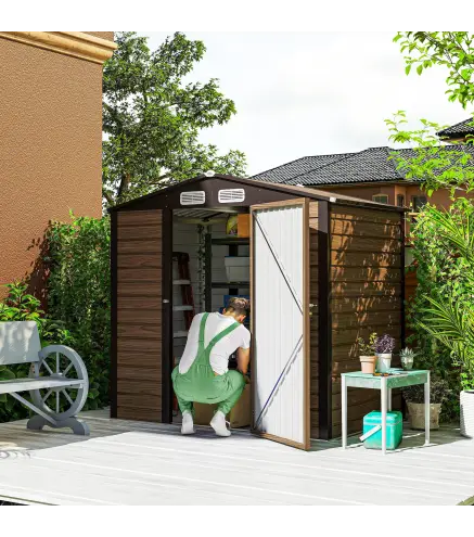 Caseta de Jardín 190x131x188 cm Cobertizo Metálico para Herramientas con 2 Ventilaciones y Puerta para Terraza Roble