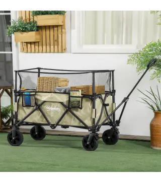 Carro Plegable 180 L con Longitud y Ángulo del Mango Ajustables y Paredes Laterales Extensibles Carga 120 kg Caqui
