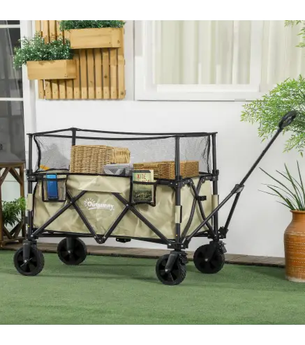 Carro Plegable 180 L con Longitud y Ángulo del Mango Ajustables y Paredes Laterales Extensibles Carga 120 kg Caqui