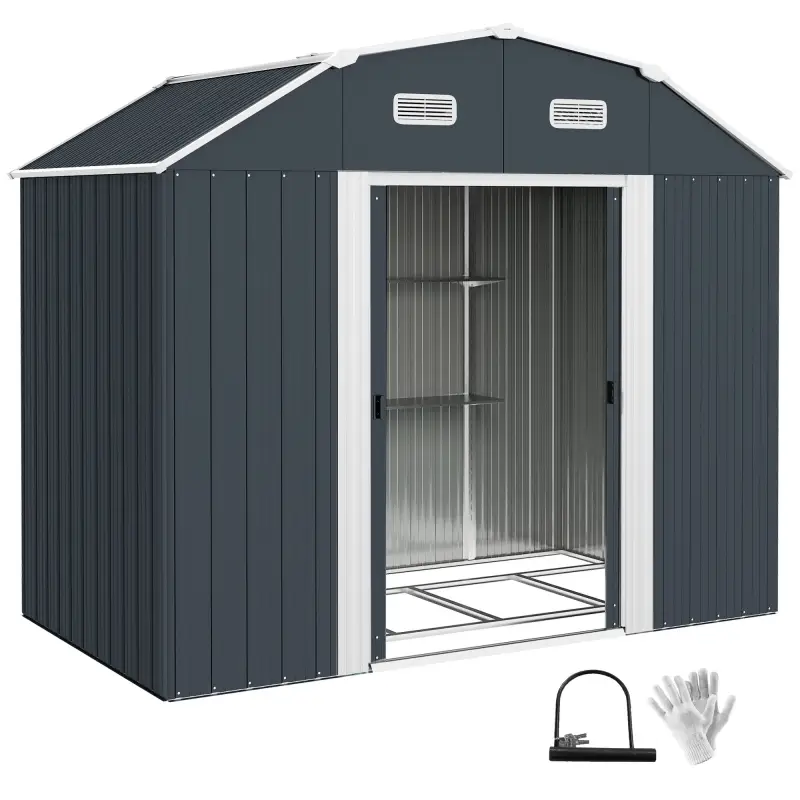 Caseta de Exterior Metálica 2,7 m² 238x132x198,5 cm con Base Estantes Ajustables 2 Puertas Corredizas y 2 Ventanas Gris