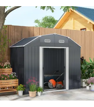 Caseta de Exterior Metálica 2,7 m² 238x132x198,5 cm con Base Estantes Ajustables 2 Puertas Corredizas y 2 Ventanas Gris