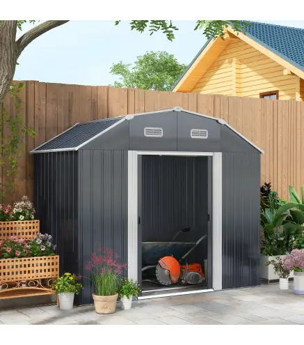 Caseta de Exterior Metálica 2,7 m² 238x132x198,5 cm con Base Estantes Ajustables 2 Puertas Corredizas y 2 Ventanas Gris