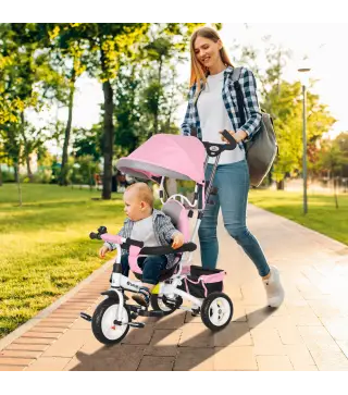 Triciclo Evolutivo para Niños +12 Meses con Toldo Plegable Mango de Empuje Telescópico y Cinturón de Seguridad Rosa