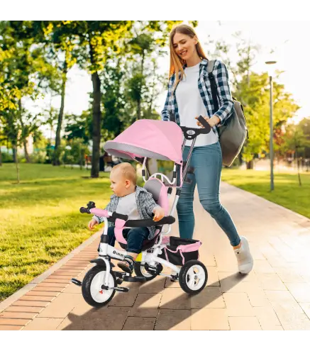Triciclo Evolutivo para Niños +12 Meses con Toldo Plegable Mango de Empuje Telescópico y Cinturón de Seguridad Rosa