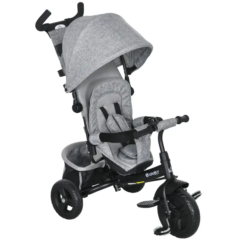 Triciclo para Bebés de +12 Meses con Mango de Empuje Telescópico y Desmontable Bolso para Mamá y Portabotellas Gris