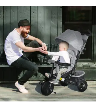 Triciclo para Bebés de +12 Meses con Mango de Empuje Telescópico y Desmontable Bolso para Mamá y Portabotellas Gris