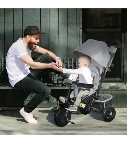 Triciclo para Bebés de +12 Meses con Mango de Empuje Telescópico y Desmontable Bolso para Mamá y Portabotellas Gris