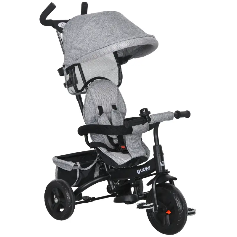 Triciclo Evolutivo para Niños +12 Meses con Toldo Plegable Mango de Empuje Telescópico y Cinturón de Seguridad Gris