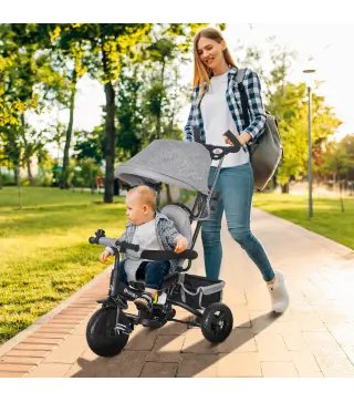 Triciclo Evolutivo para Niños +12 Meses con Toldo Plegable Mango de Empuje Telescópico y Cinturón de Seguridad Gris
