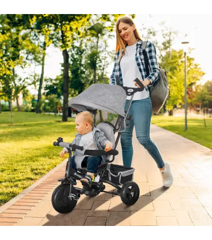 Triciclo Evolutivo para Niños +12 Meses con Toldo Plegable Mango de Empuje Telescópico y Cinturón de Seguridad Gris