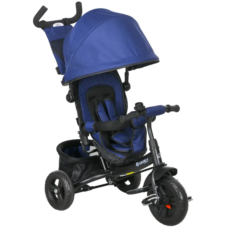 Triciclo para Bebés de +12 Meses con Mango de Empuje Telescópico y Desmontable Bolso para Mamá y Portabotellas Azul