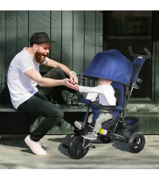Triciclo para Bebés de +12 Meses con Mango de Empuje Telescópico y Desmontable Bolso para Mamá y Portabotellas Azul