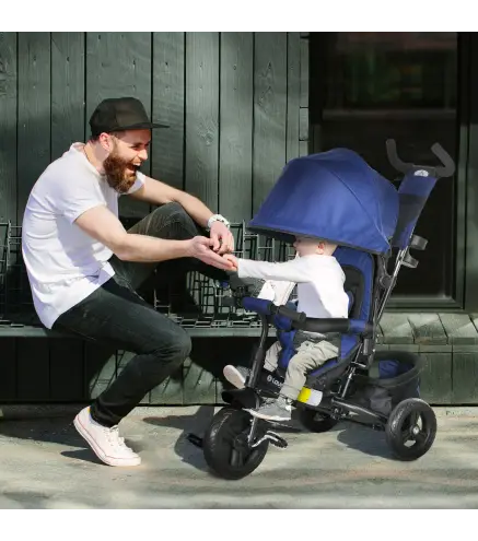 Triciclo para Bebés de +12 Meses con Mango de Empuje Telescópico y Desmontable Bolso para Mamá y Portabotellas Azul