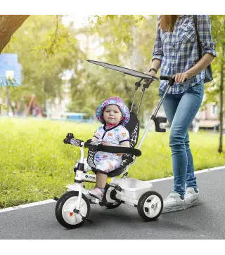 Triciclo para Bebés de +12 Meses con Toldo Plegable Mango de Empuje Telescópico y Desmontable y Portabotellas Blanco