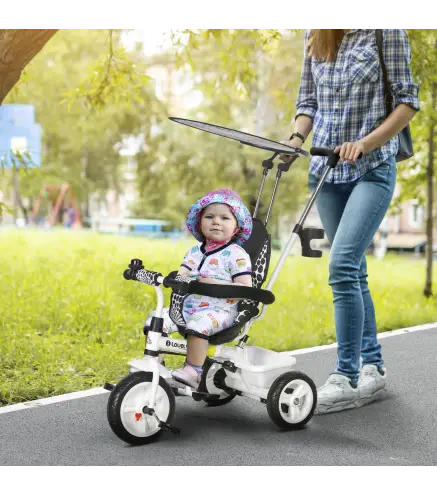 Triciclo para Bebés de +12 Meses con Toldo Plegable Mango de Empuje Telescópico y Desmontable y Portabotellas Blanco