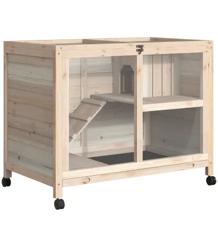 Conejera de Madera con Ruedas 91,5x53,3x73 cm Jaula para Conejos de 2 Niveles con Techo Abatible Natural