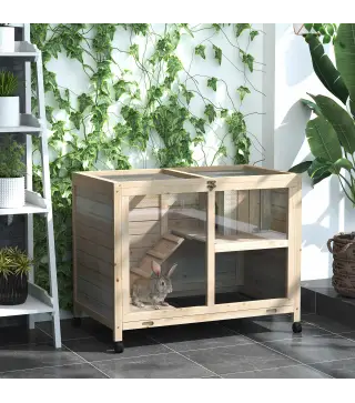 Conejera de Madera con Ruedas 91,5x53,3x73 cm Jaula para Conejos de 2 Niveles con Techo Abatible Natural
