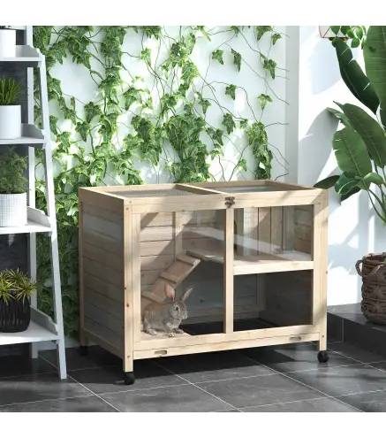 Conejera de Madera con Ruedas 91,5x53,3x73 cm Jaula para Conejos de 2 Niveles con Techo Abatible Natural