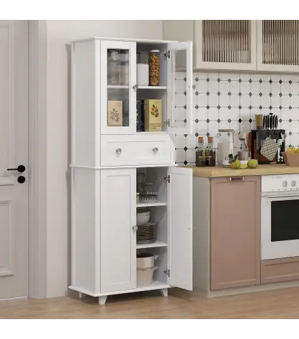 Alacena de Cocina Despensa Armario de Cocina con 2 Puertas de Vidrio Templado Cajón 61x35x168,5 cm Blanco