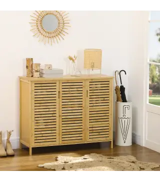 Armario Zapatero de Bambú con 3 Puertas Estantes Ajustables para 16 Pares de Zapatos Antivuelco 100x35x80 cm Natural