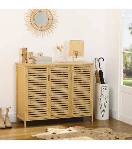 Armario Zapatero de Bambú con 3 Puertas Estantes Ajustables para 16 Pares de Zapatos Antivuelco 100x35x80 cm Natural